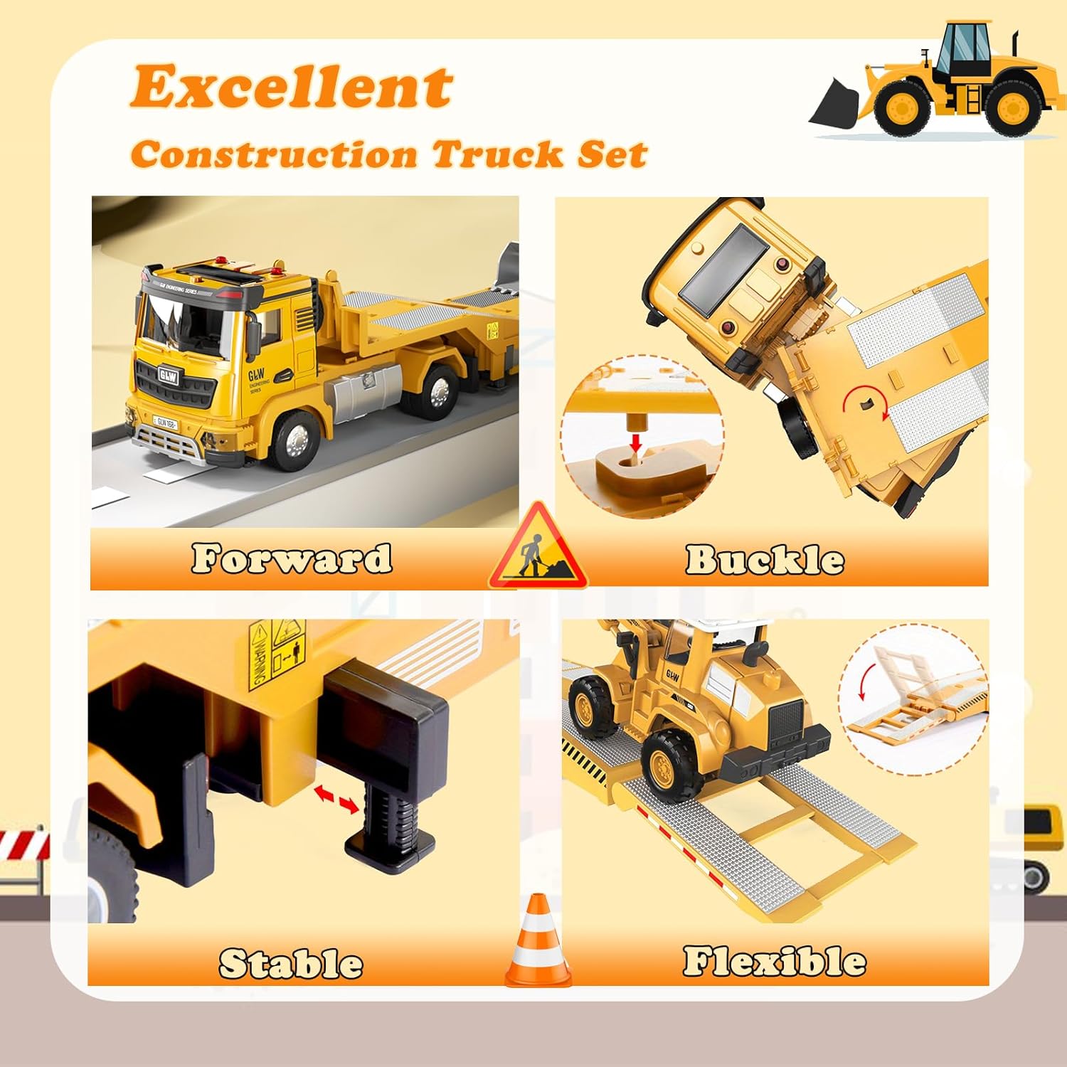 Alloy Die-Cast Construction Vehicles Toys Set w/Semi Truck, Excavator & Bulldozer - Real Lights & Sounds, Movable Parts - Learning Toys Gift for 3-7 Year Old Boys Girls - Image 3