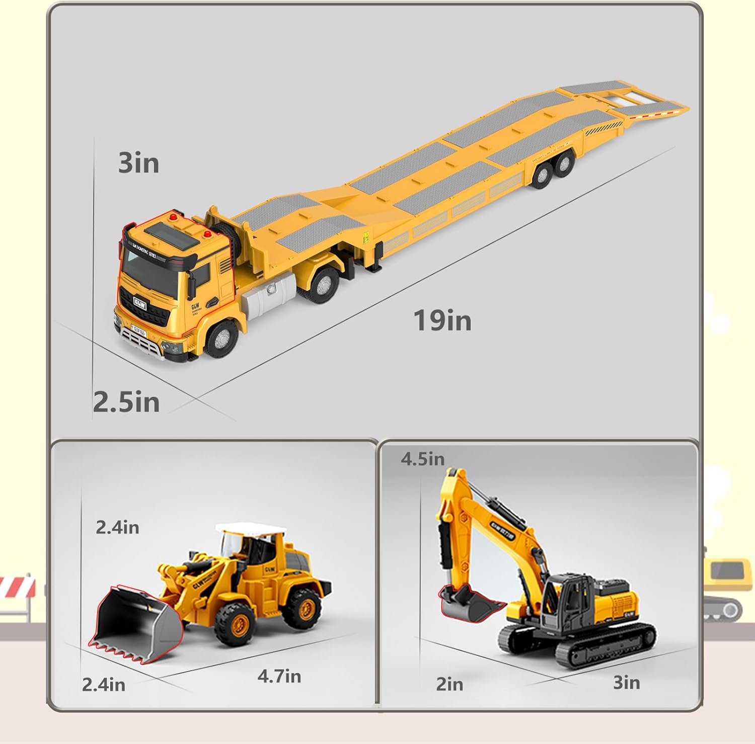 Alloy Die-Cast Construction Vehicles Toys Set w/Semi Truck, Excavator & Bulldozer - Real Lights & Sounds, Movable Parts - Learning Toys Gift for 3-7 Year Old Boys Girls - Image 4