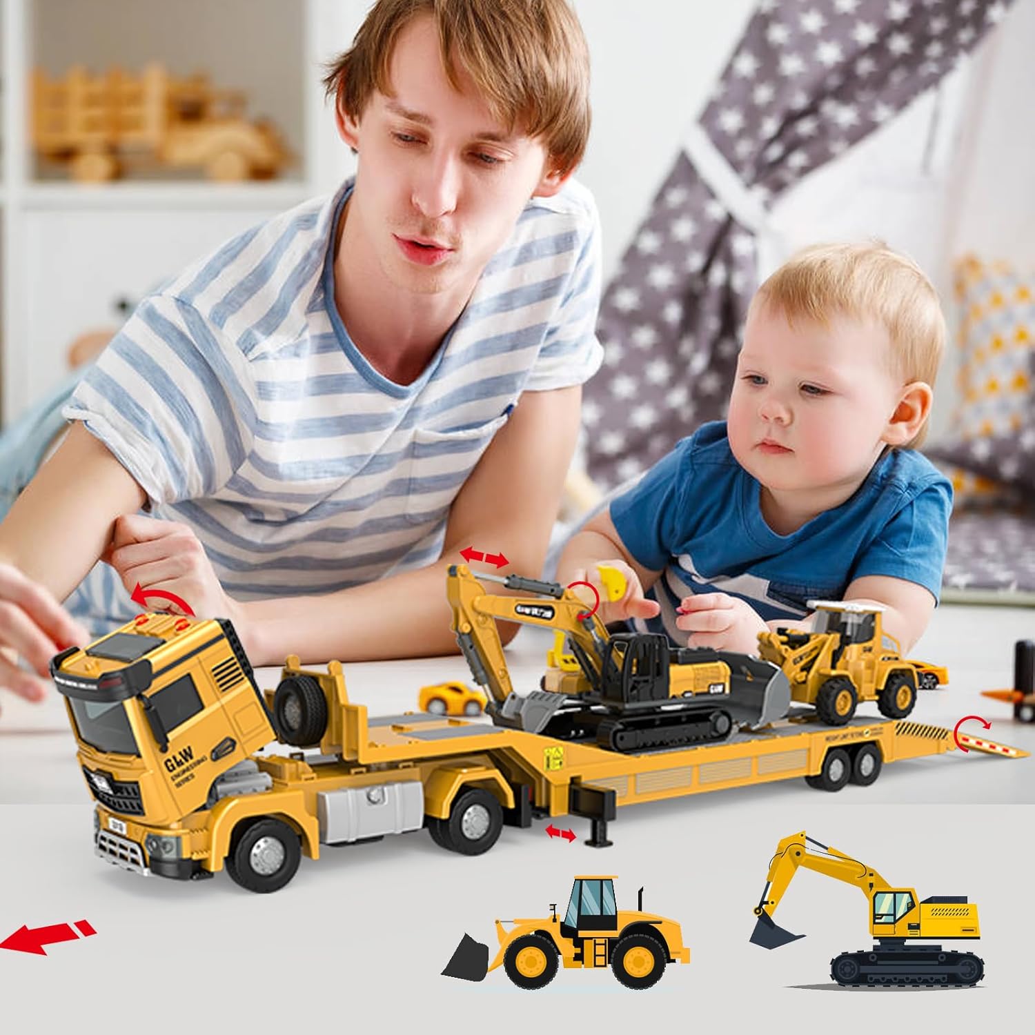 Alloy Die-Cast Construction Vehicles Toys Set w/Semi Truck, Excavator & Bulldozer - Real Lights & Sounds, Movable Parts - Learning Toys Gift for 3-7 Year Old Boys Girls - Image 5