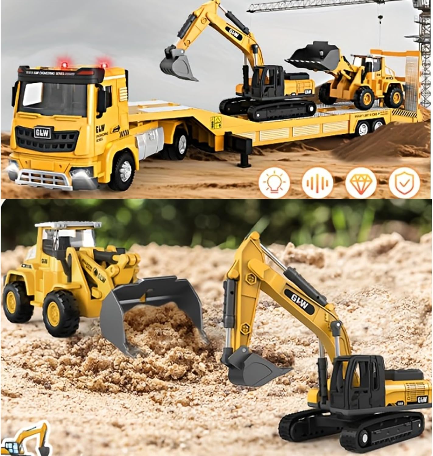 Alloy Die-Cast Construction Vehicles Toys Set w/Semi Truck, Excavator & Bulldozer - Real Lights & Sounds, Movable Parts - Learning Toys Gift for 3-7 Year Old Boys Girls - Image 6