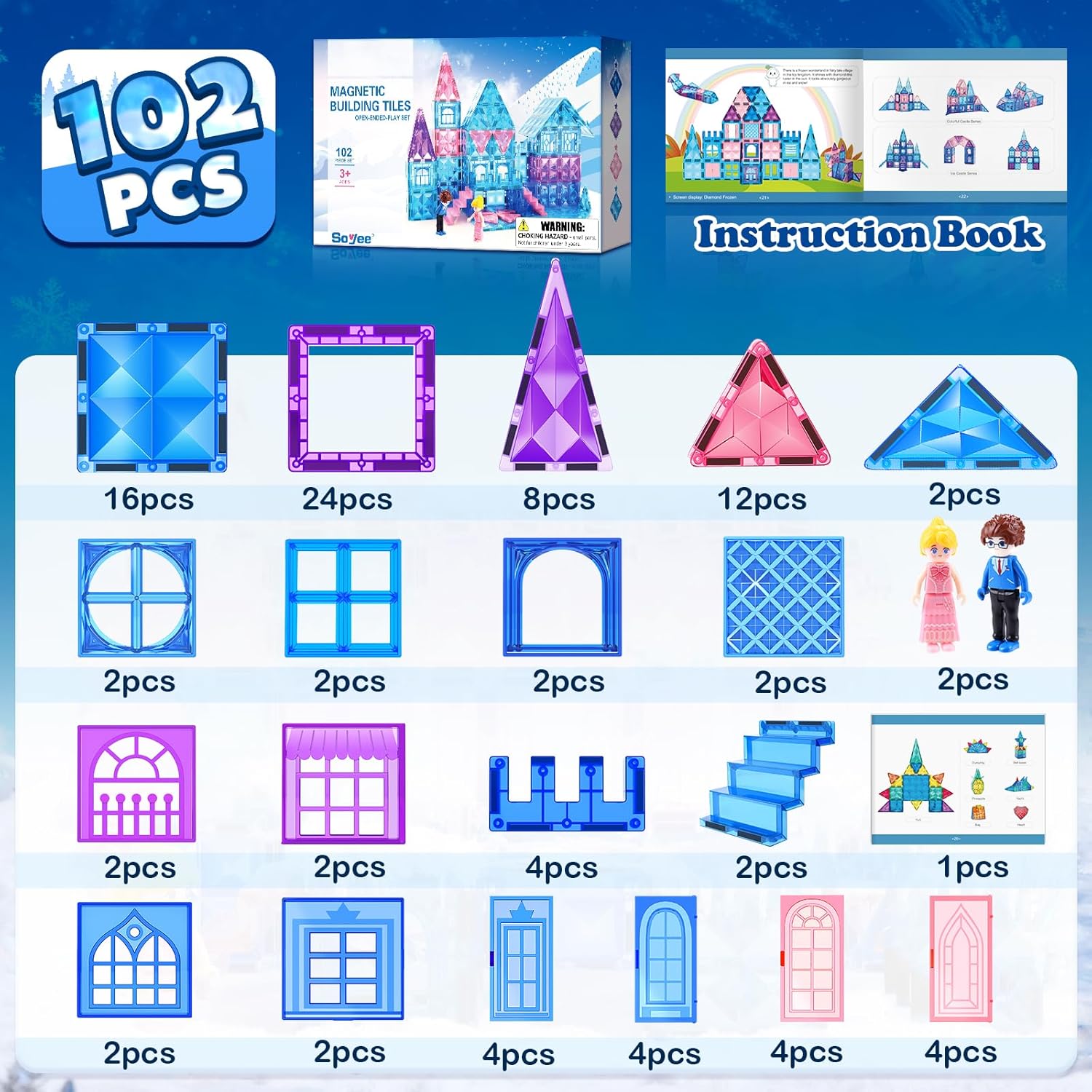 Magnetic Tiles 102pcs with 2 Stairs 2 Dolls Princess Castle Building Girls Toys Age 4-5 6-8 Magnetic Blocks Birthday Xmas Gifts for Girls Toys for 3 4 5 6 7 8+ Year Old - Image 2