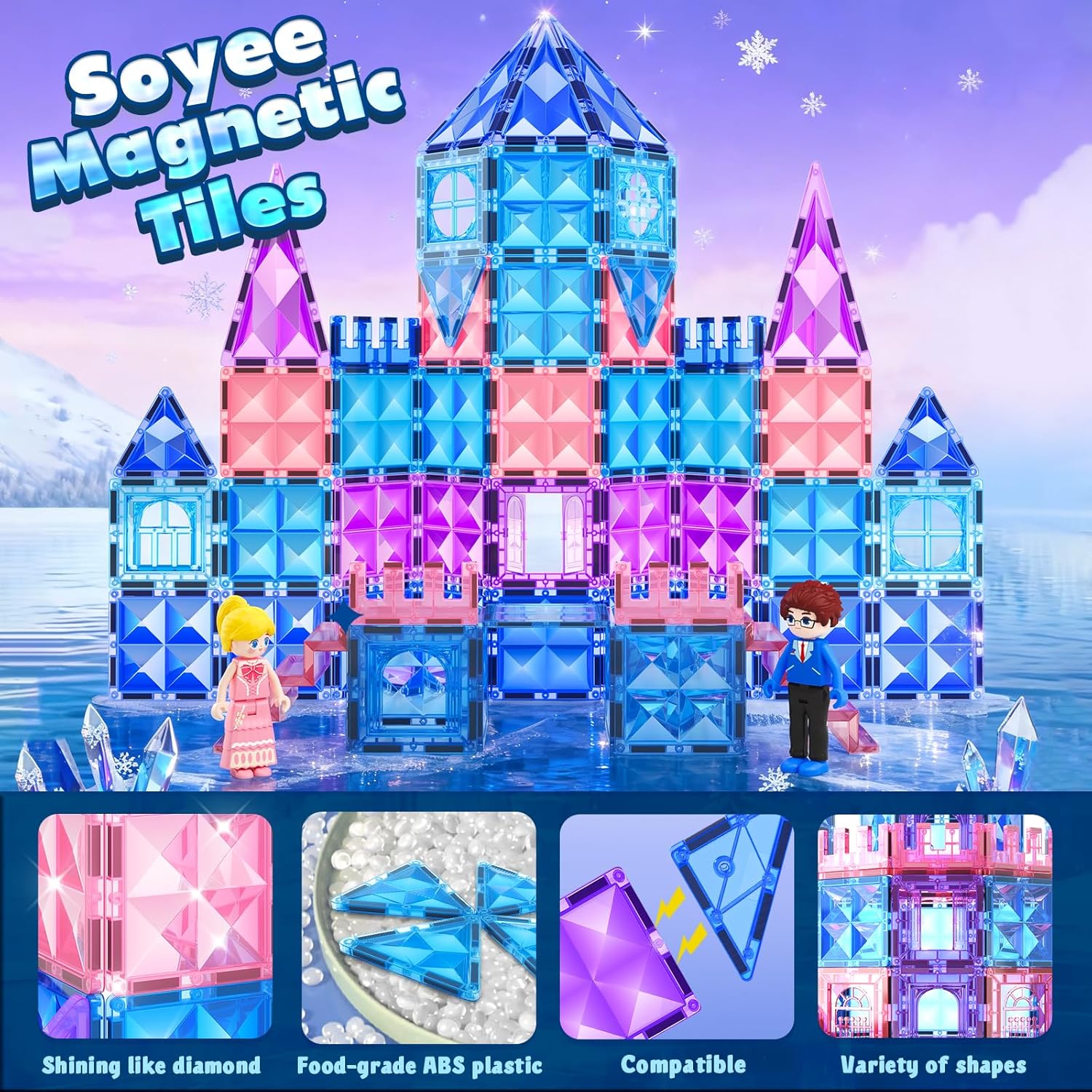 Magnetic Tiles 102pcs with 2 Stairs 2 Dolls Princess Castle Building Girls Toys Age 4-5 6-8 Magnetic Blocks Birthday Xmas Gifts for Girls Toys for 3 4 5 6 7 8+ Year Old - Image 3