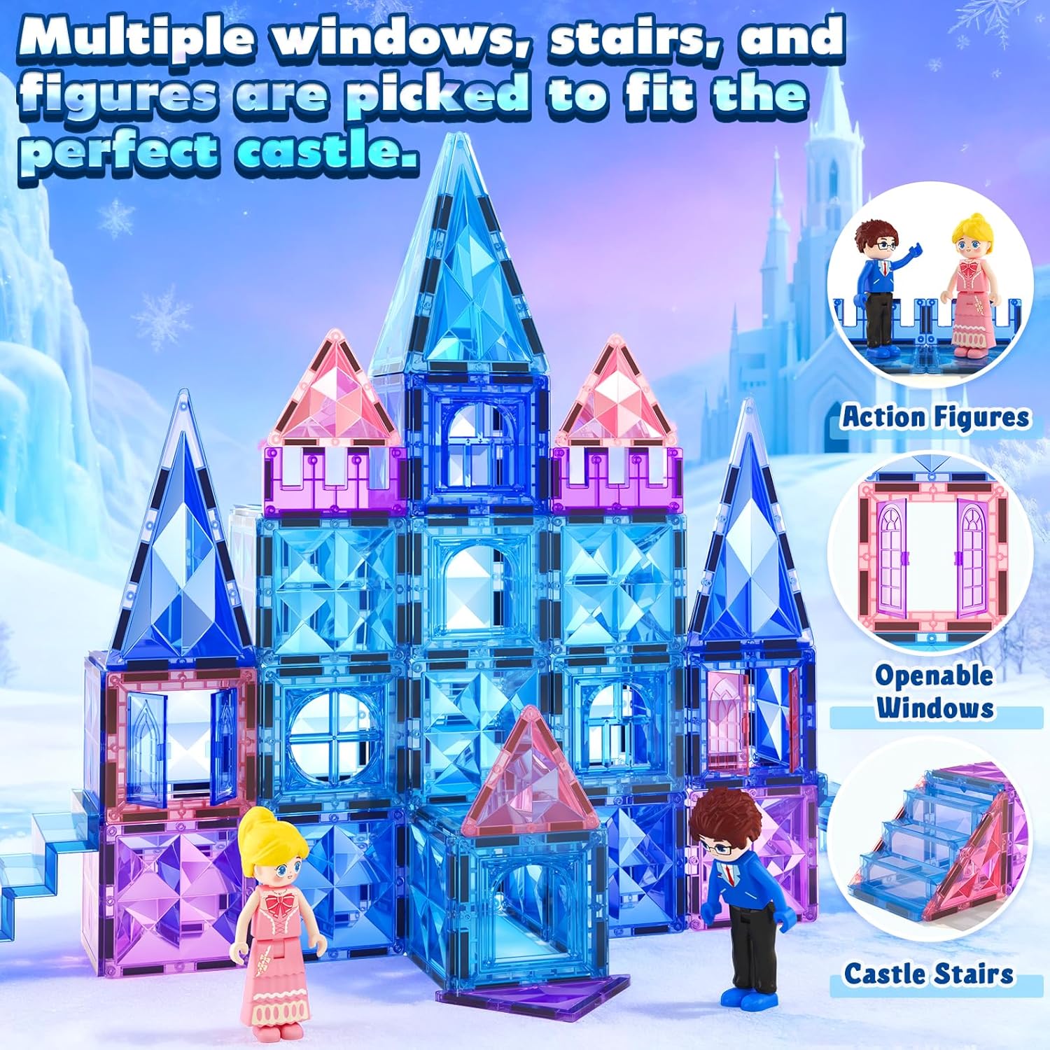 Magnetic Tiles 102pcs with 2 Stairs 2 Dolls Princess Castle Building Girls Toys Age 4-5 6-8 Magnetic Blocks Birthday Xmas Gifts for Girls Toys for 3 4 5 6 7 8+ Year Old - Image 4