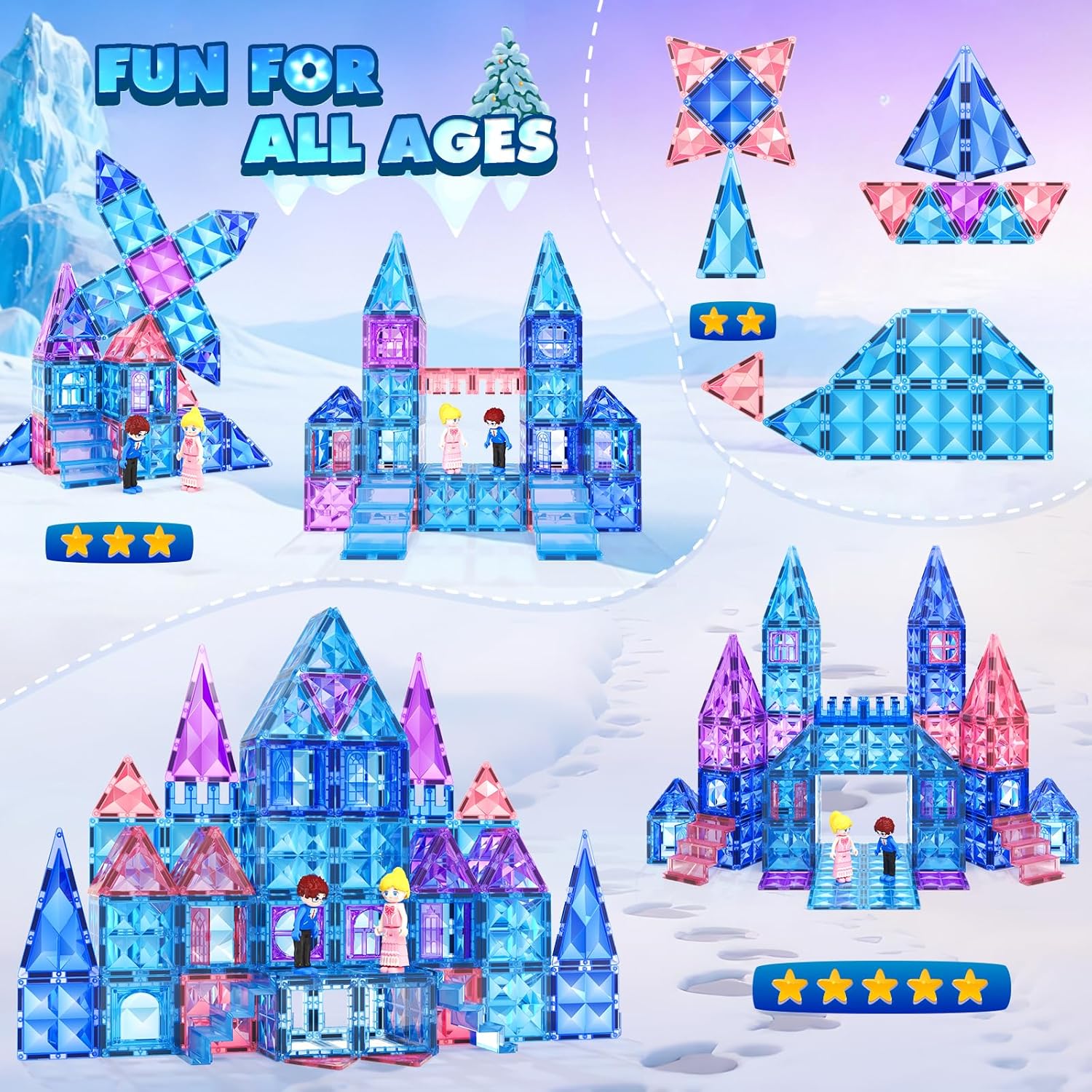 Magnetic Tiles 102pcs with 2 Stairs 2 Dolls Princess Castle Building Girls Toys Age 4-5 6-8 Magnetic Blocks Birthday Xmas Gifts for Girls Toys for 3 4 5 6 7 8+ Year Old - Image 5