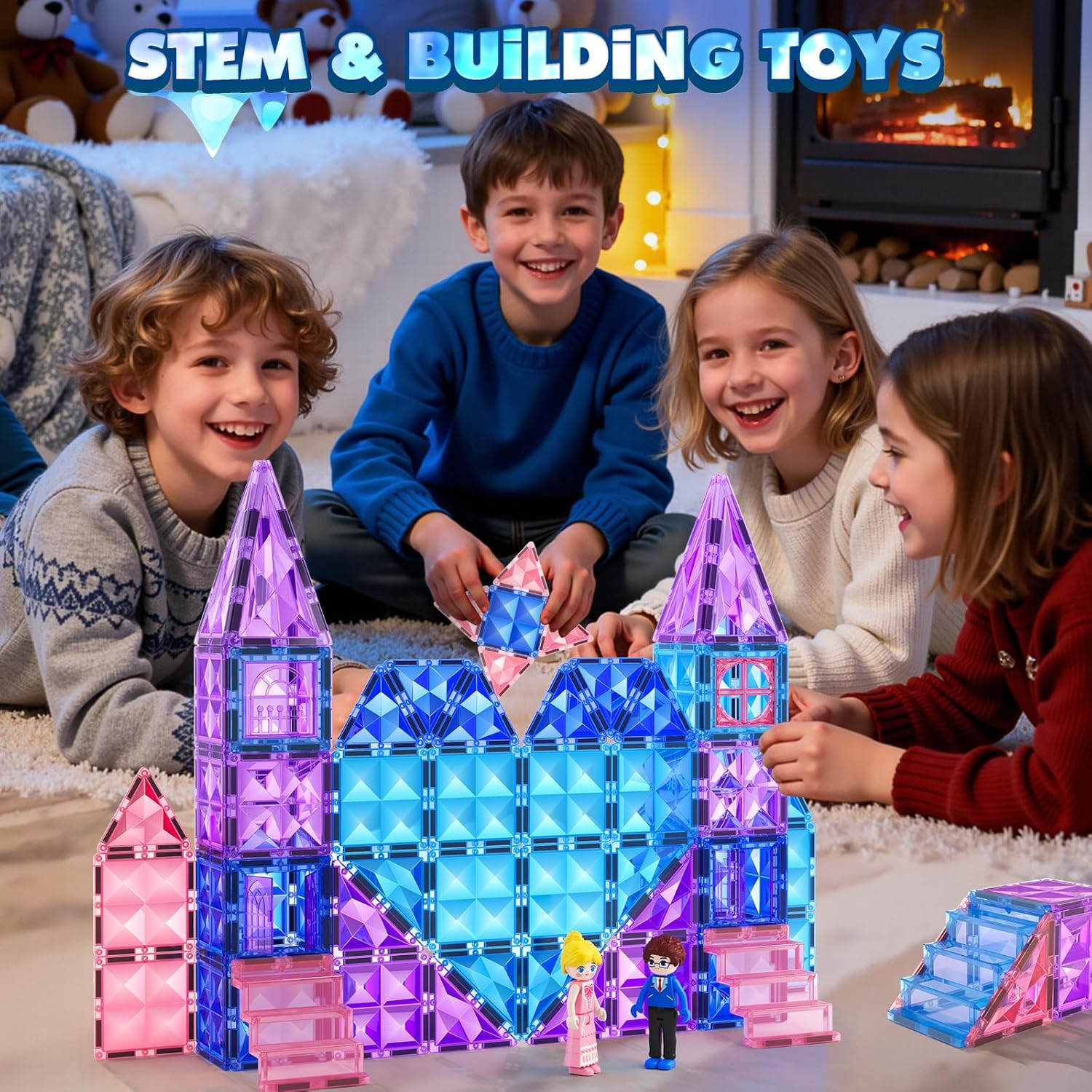 Magnetic Tiles 102pcs with 2 Stairs 2 Dolls Princess Castle Building Girls Toys Age 4-5 6-8 Magnetic Blocks Birthday Xmas Gifts for Girls Toys for 3 4 5 6 7 8+ Year Old - Image 6