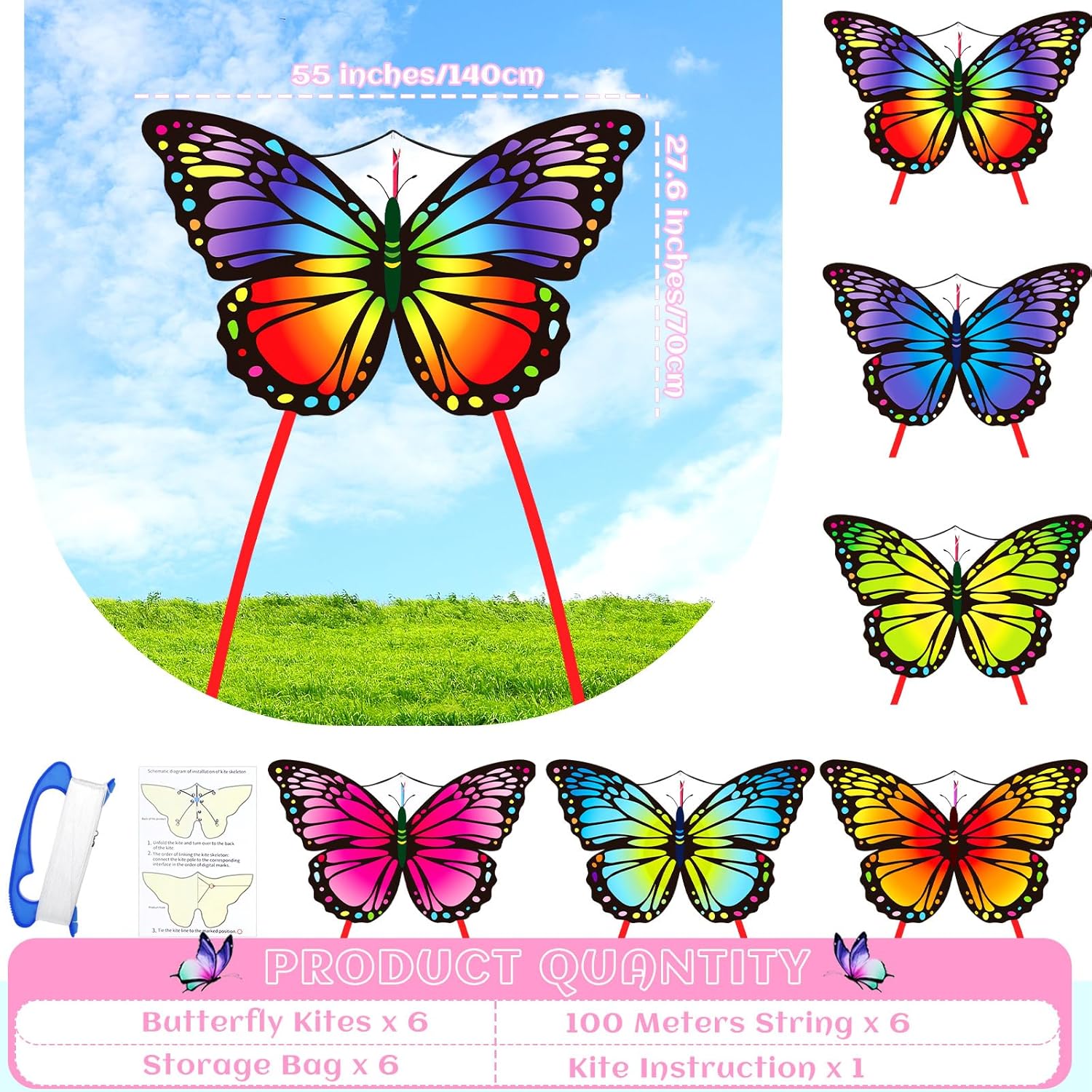Silipull 6 Pcs Kites Butterfly Kite 55" x 28" Large Kites with 328ft String Colorful Beach Kite for Adults Beginner Outdoor Supplies - Image 2