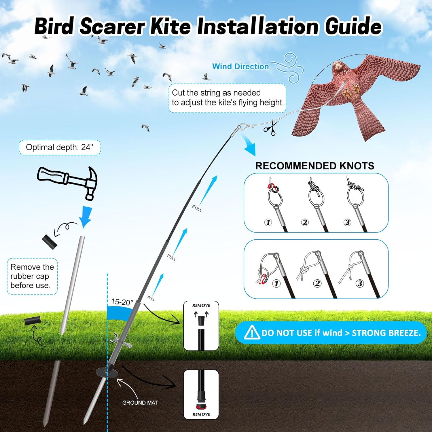 Bird Hawk Flying Kite with Pole Crops Farm Protector Bird Scarer Flying Kite with 4m Pole-Style A - Image 7
